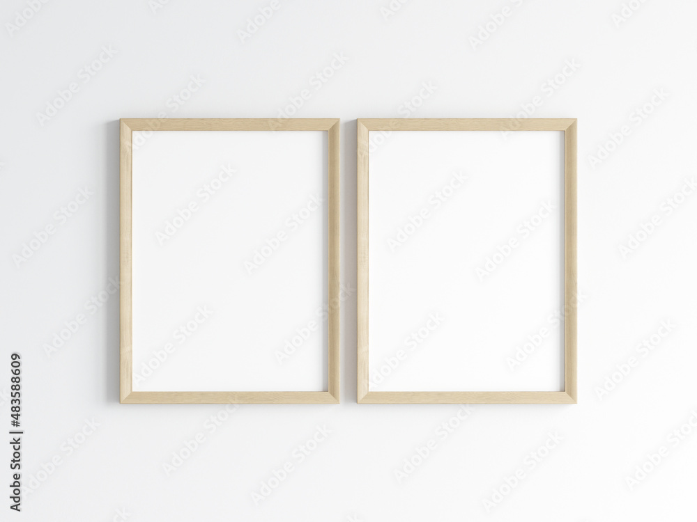 Two wooden frames on the wall, poster mockup, print mockup, 3d render
