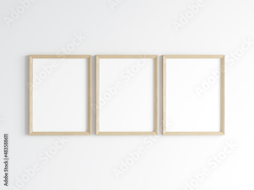 Three wooden frames on the wall, poster mockup, print mockup, 3d render