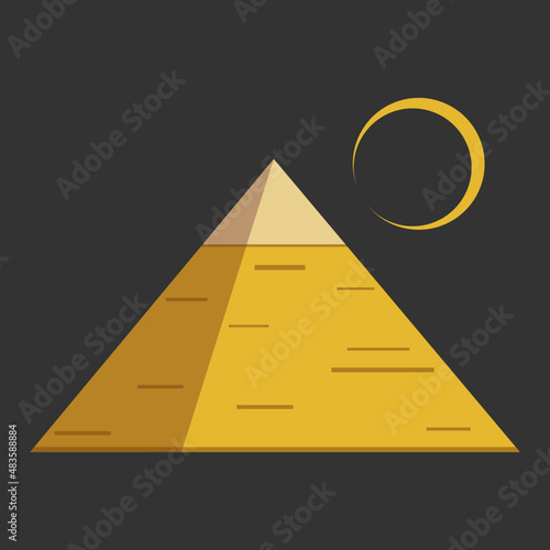 Egypt ancient pyramids of Giza are egyptian pharaoh tomb with crescent moon in night on black background flat vector icon design.