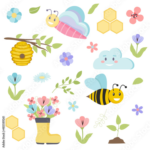 Set of spring cartoon illustrations. Bees  flowers  butterflies  cloud.