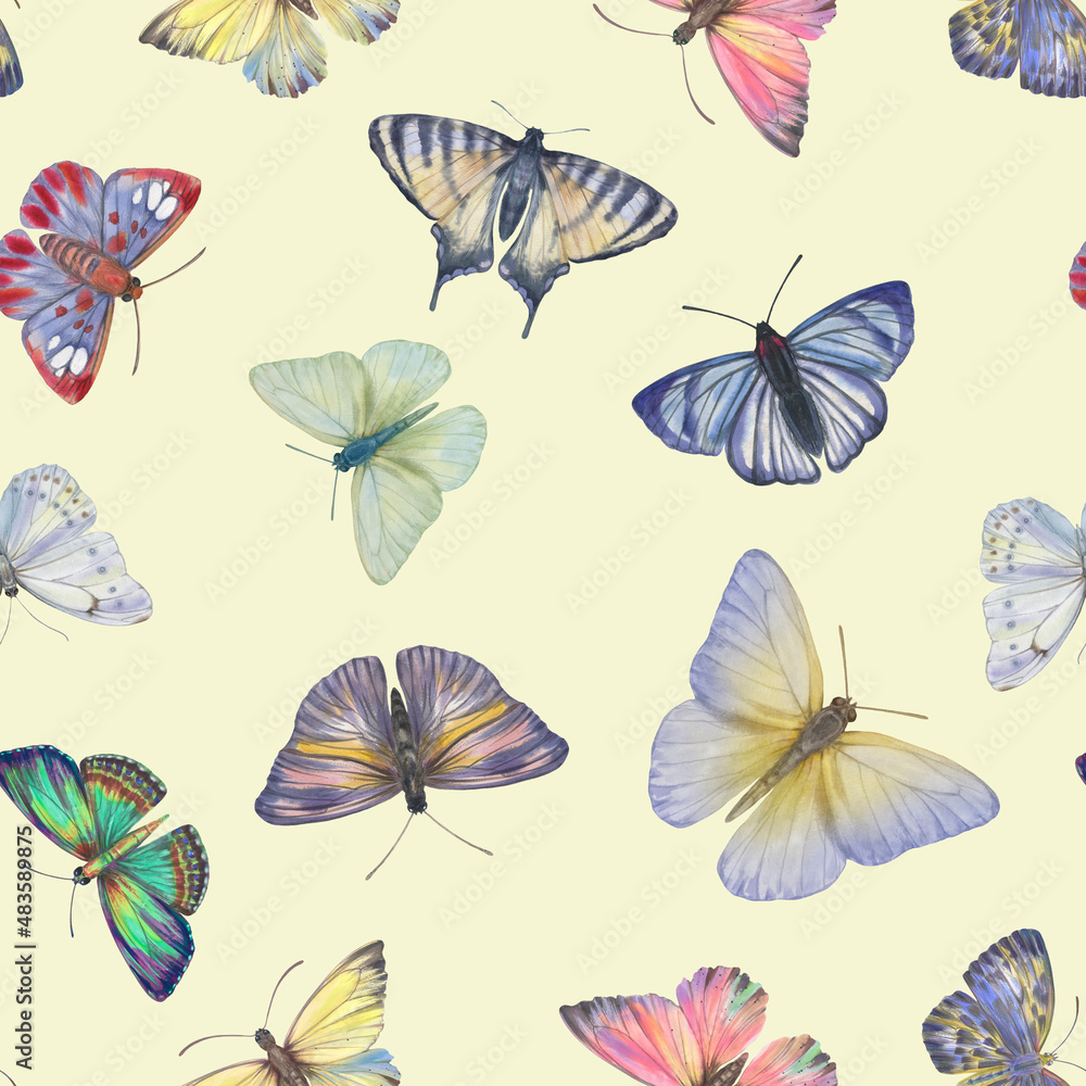 Seamless pattern with butterflies, watercolor illustration. seamless botanical pattern. Template design for, textile, interior, clothing, wallpaper, wrapping paper, packaging, print.