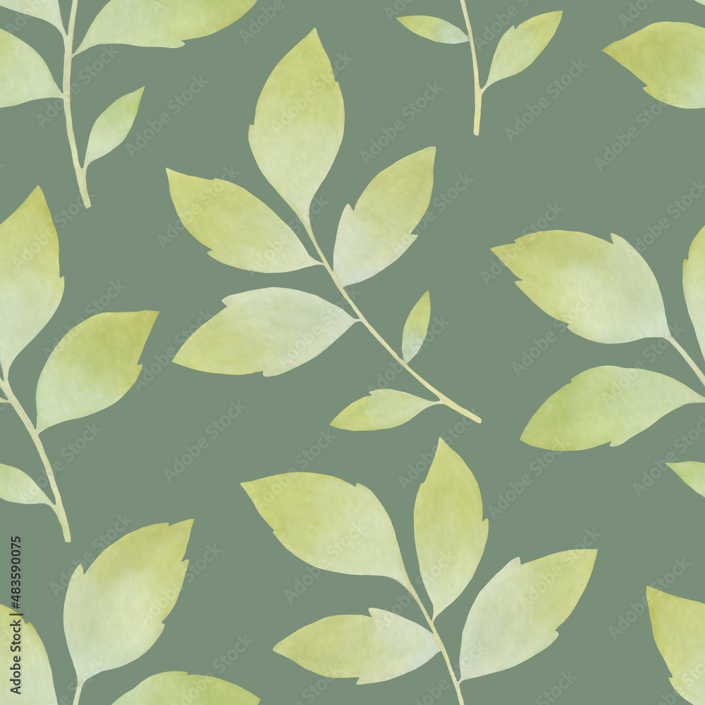 Prints of abstract branches with leaves repeating seamless pattern. Digital hand drawn picture with watercolor texture. Leaves seamless watercolor pattern. endless motif for textile decor and design Prints of abstract branches with leaves repeating seamless pattern. Digital hand drawn picture with watercolor texture. Leaves seamless watercolor pattern. endless motif for textile decor and design