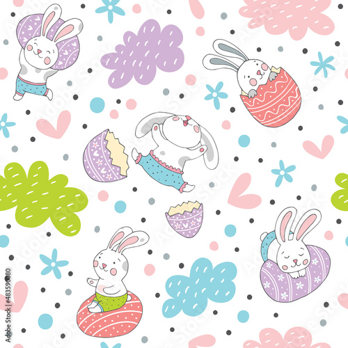 Happy Easter. Seamless background with cute rabbits, eggs, flowers and hearts.
