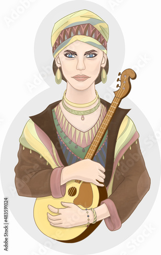 a girl in a turban and ancient clothes holds a dombra on a gray background