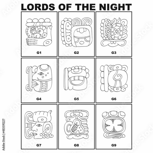 Vector icon set with Mayan  glyphs Lords of the Night