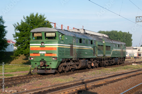 Cargo diesel locomotive 2TE10U-0079 at Molodechno station of Belarusian Railway, Molodechno, Minsk region, Belarus, June 14, 2015