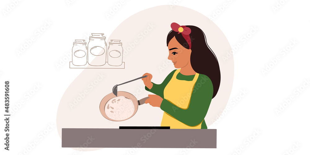 Young joyful and happy woman is frying pancakes in a frying pan for breakfast. Flat vector illustration with doodle style Young joyful and happy woman is frying pancakes in a frying pan for breakfast. Flat vector illustration with doodle style