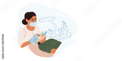 Young female cosmetologist or dermatologist applying deep cleansing clay mask on the face of a young woman lying in a beauty salon. Facial, massage, skin care. Flat and doodle illustration