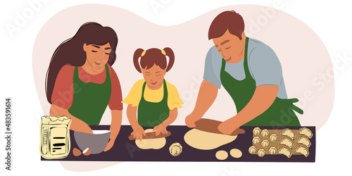 A happy husband and wife or a family with a daughter cook lunch or dinner together, make dumplings from raw dough. The molding process takes place in the kitchen at the table. Vector illustration