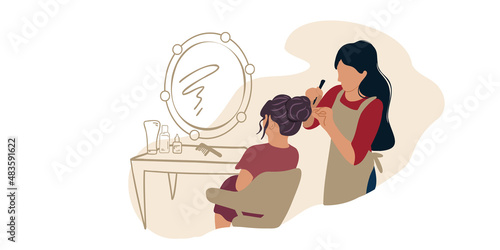 The hairdresser works with the client, makes a hairstyle.
Beauty salon or training courses or master class. Flat vector illustration
and doodle.