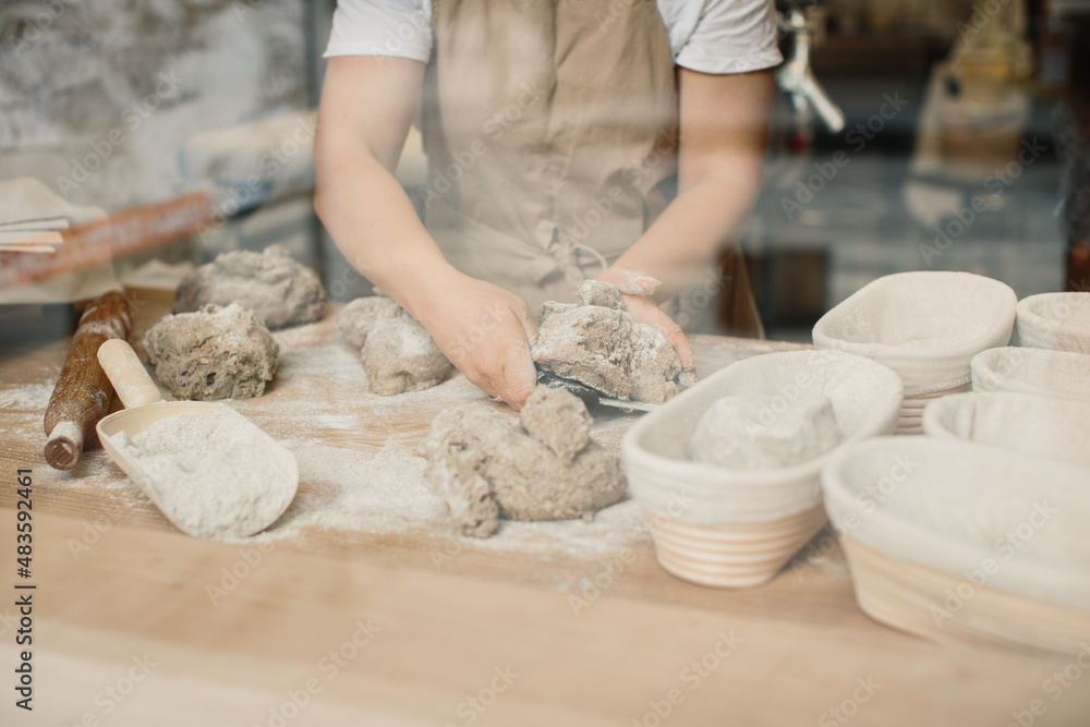 Fototapeta premium Female baker kneading a dough in bakery shop.