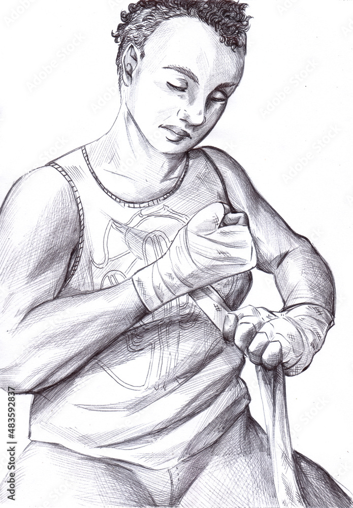 Illustration of a young and slightly chubby female boxer wrapping her