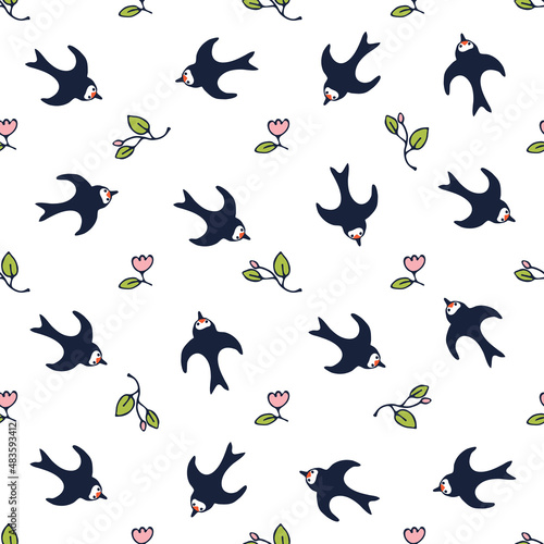 Swallow-bird with a twig and flowers. Flying swallows. Bird in flight isolated on wite background. Vector illustration