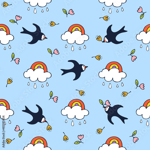 Swallow bird with a twig. Sweet rainbow. Flying swallows. Bird in flight isolated on blue background. Vector illustration