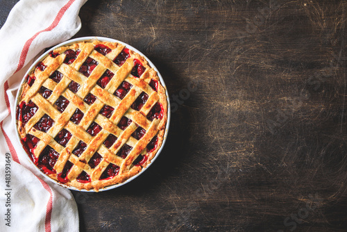 Tasty homemade American cherry pie. Delicious Homemade Cherry Pie with a Flaky Crust