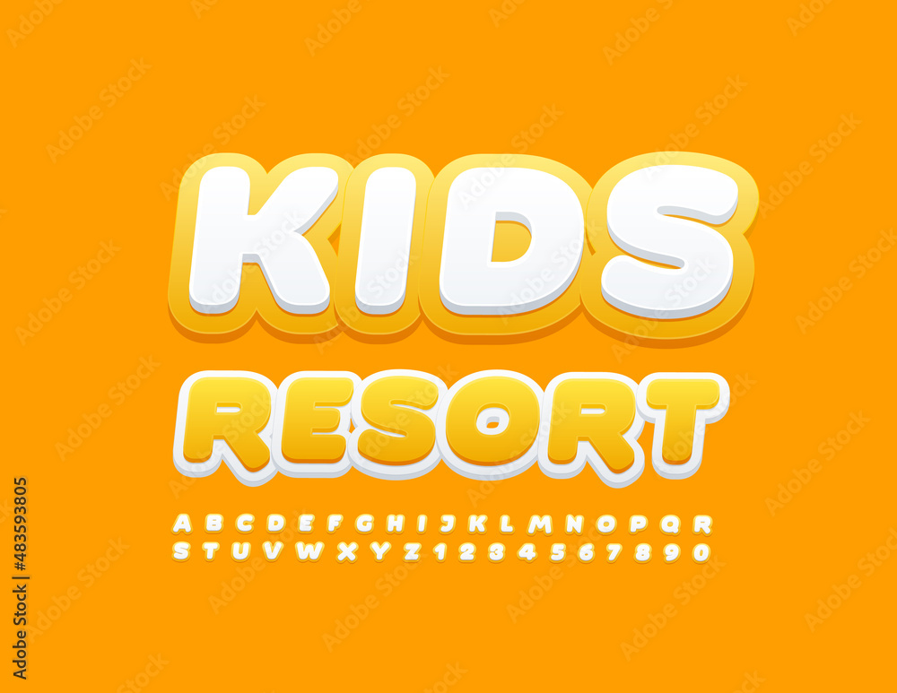 Vector sunny sign Kids Resort with cute Alphabet Letters and Numbers set. Modern style Font