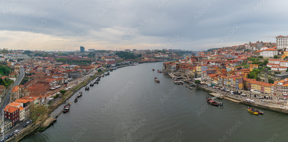 Porto, Portugal - April 2018: Panoramic view of Old Porto Oporto city and Ribeira over Douro river from Vila Nova de Gaia, Portugal