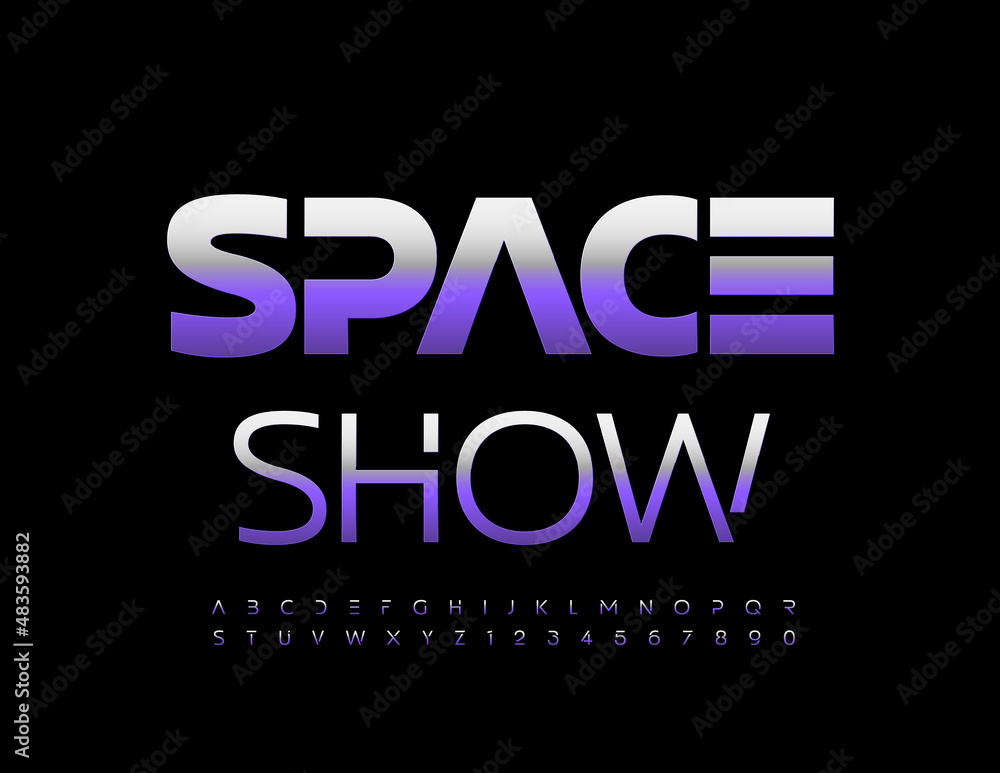 Vector techno style poster Space Show with futuristic Font. Purple metallic Alphabet Letters and Numbers set Vector techno style poster Space Show with futuristic Font. Purple metallic Alphabet Letters and Numbers set