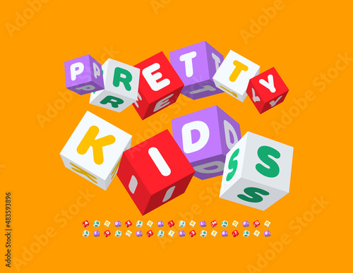 Vector cute emblem Pretty Kids. Cubic childish Alphabet Letters and Numbers set. Funny 3D Font