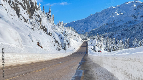 transportation, traffic and magnificent views on mountainous roads in winter photo