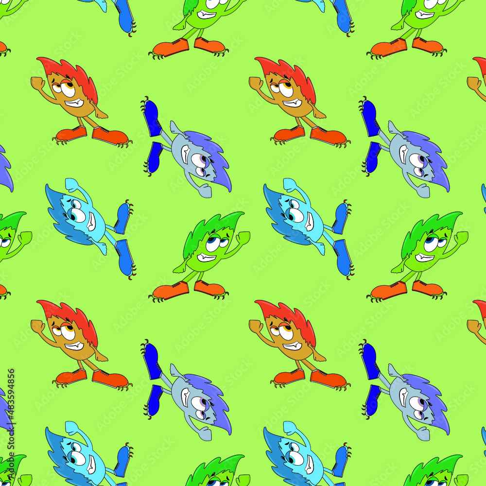 Childish  pattern with cute monsters on green   background. Vector texture for children clothes, fabrics, textiles