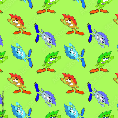 Childish pattern with cute monsters on green background. Vector texture for children clothes, fabrics, textiles
