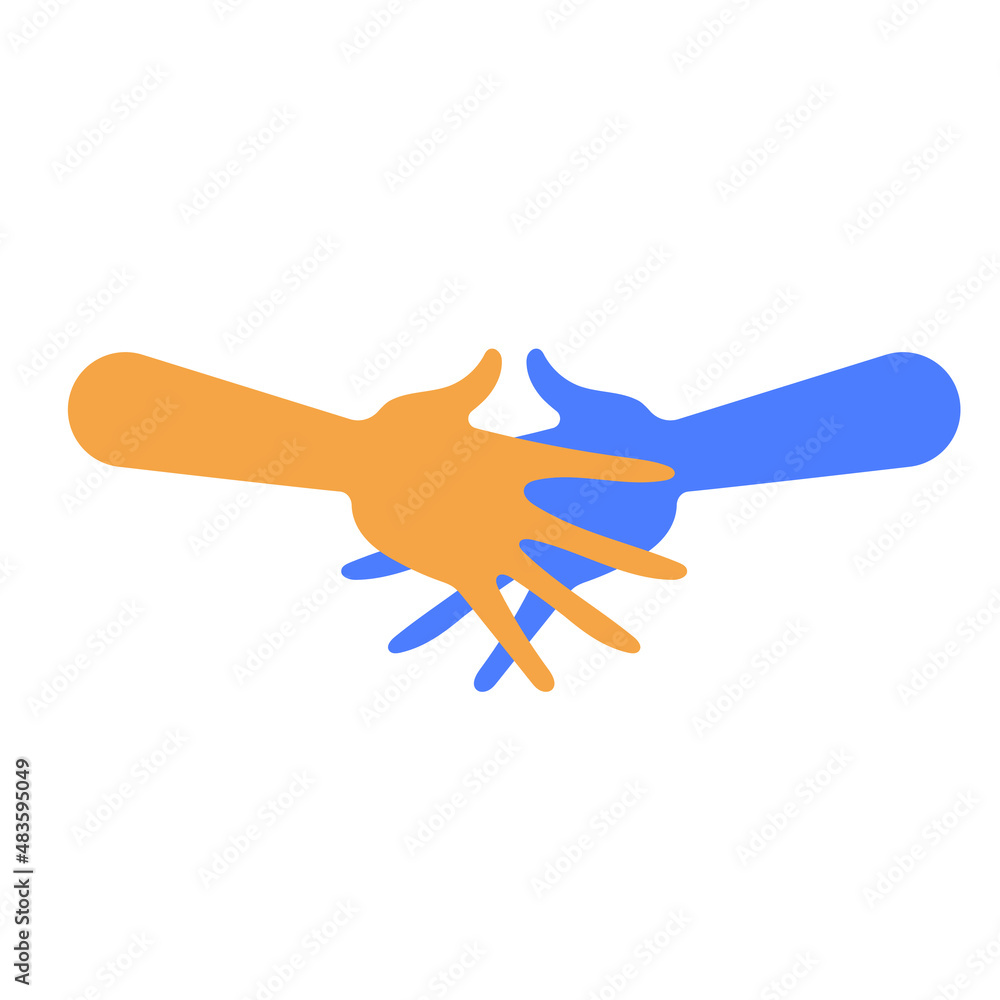 Two hands reach out for a handshake. Vector illustration, flat minimal cartoon design, isolated on white background, eps 10.