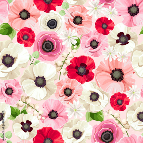 Fototapeta Seamless floral pattern with red, pink, and white poppy, anemone, and lily of the valley flowers