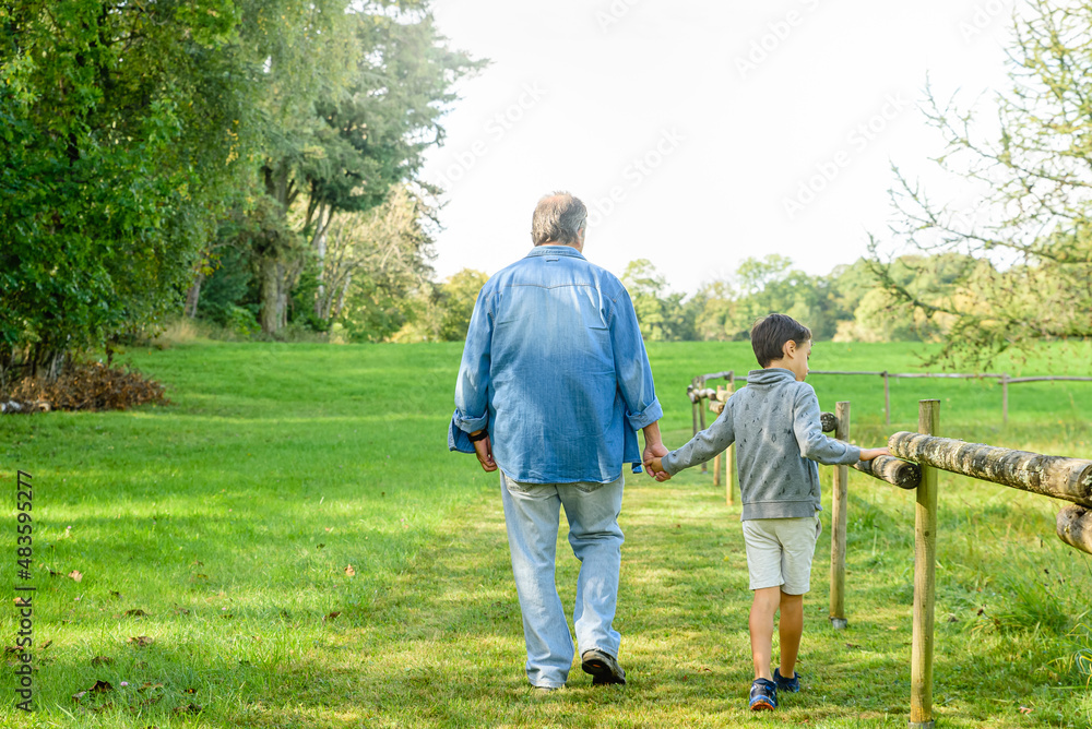 Boy and senior man walk together in green meadow Boy and senior man walk together in green meadow