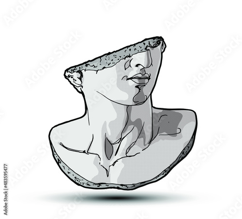 Vector hand drawn illustration of classical sculpture fragment of colossal head. Isolated on white background. 