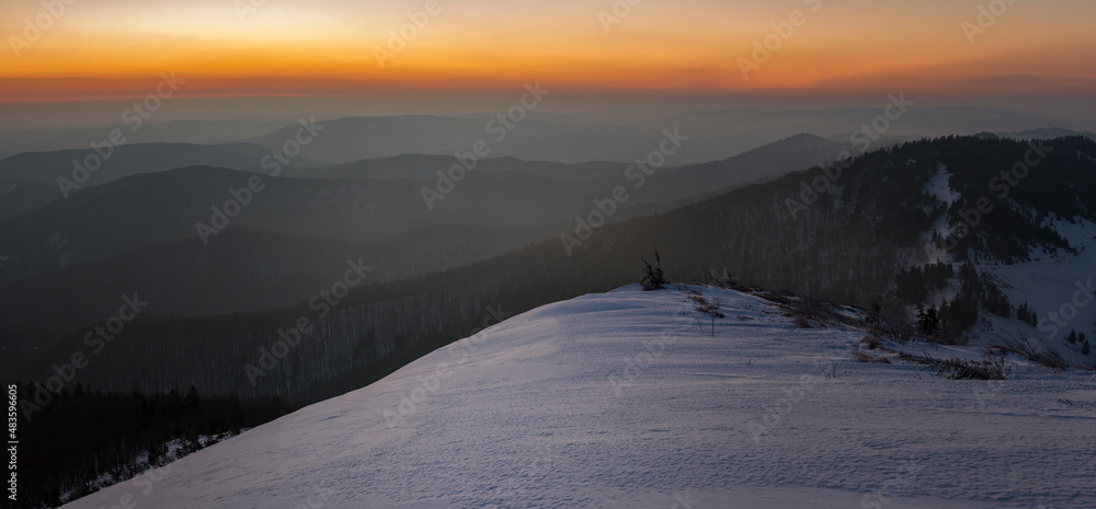 Panorama of the Carpathian mountains in winter at dawn. Dreamy view of the fairy-tale woodland. Magical wintry scene. Alpine ski resort. Perfect winter wallpapers. Happy New Year! Beauty earth.