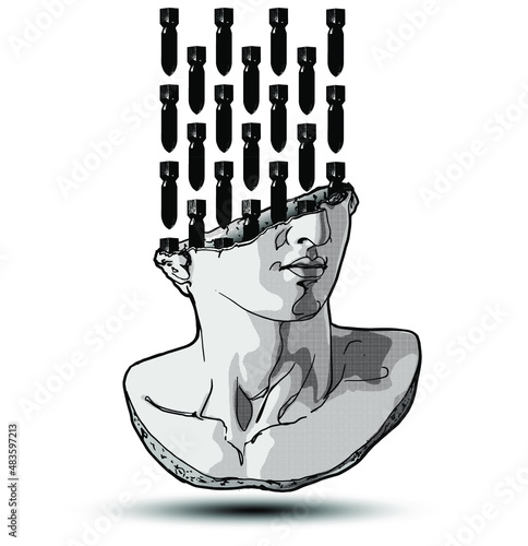 Vector hand drawn illustration of classical sculpture fragment of colossal head with black bombs falling into it on the broken side. Isolated on white background.  