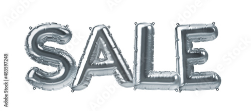 3D Render of silver inflatable foil balloon letters sale. Party decoration element. Black Friday, shopping. Gray word isolated on white background. Graphic element sign for web design