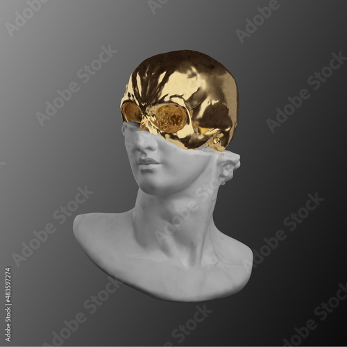 Wallpaper Mural Concept illustration from 3D rendering illustration of a broken marble classical head sculpture with shiny golden skull on grey shadow background