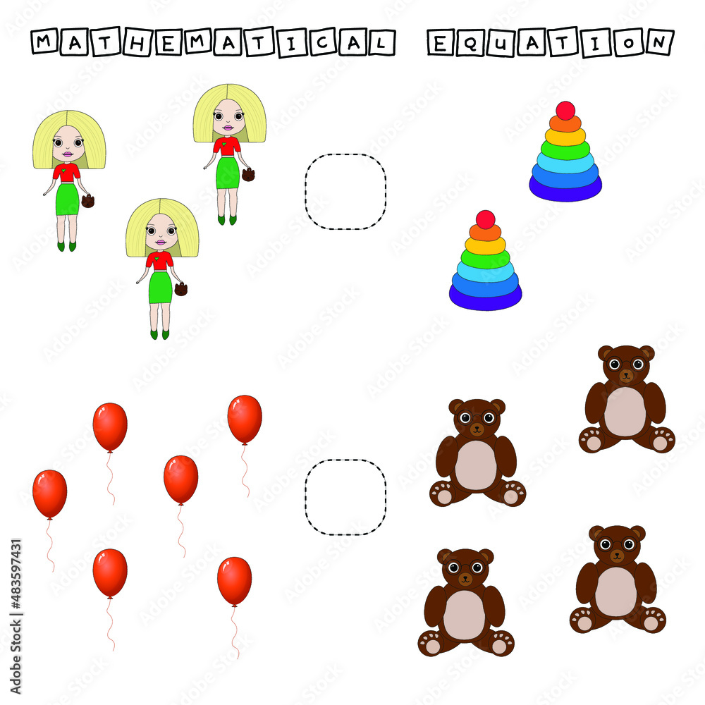 Fototapeta premium Developing activities for children, compare which more toys. Logic game for children, mathematical inequalities. 