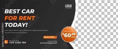 Modern horizontal banner design template for car rental. Black background with place for the photo. Usable for banner, cover, header, and background.