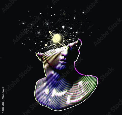 Vector CMYK offset print effect in circle halftone of broken classical style head sculpture fragment from 3d rendering with planets and galaxies exploding from it isolated on black background.