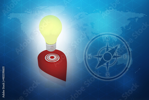 3d rendering navigation Red map pointer with electirc bulb
 photo