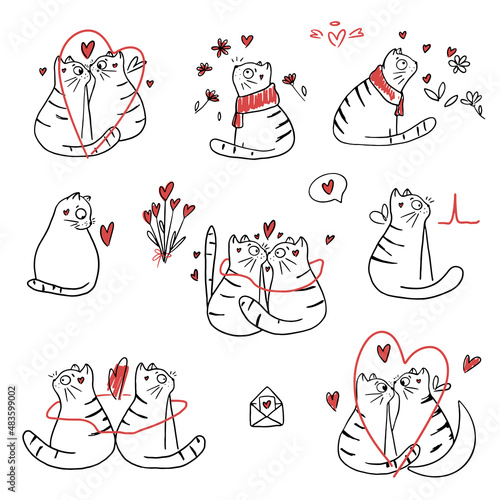Cute cats in love doodle collection. Valentine day doodle. Love concept hand drawn vector line illustrations 