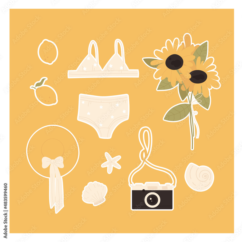 Vintage summertime. Summer stuff: clothing, accessories aesthetics. Swimsuit, camera, hat, shells, flowers and fruit. Summer vibes. Vector illustration in cartoon style. Isolated on yellow background.