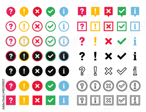 Icon set of check mark, cross, question mark, exclamation point, information icon. FAQ sign. Tick, question, information and answers mark. Help symbol. Vector illustration