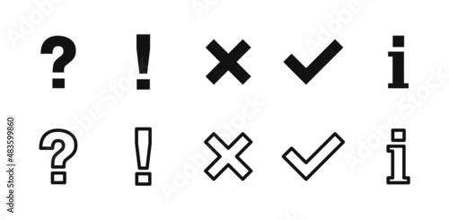 Icon set of check mark, cross, question mark, exclamation point, information icon. FAQ sign. Tick, question, information and answers mark. Help symbol. Vector illustration