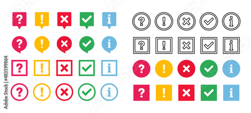 Icon set of check mark, cross, question mark, exclamation point, information icon. FAQ sign. Tick, question, information and answers mark. Help symbol. Vector illustration