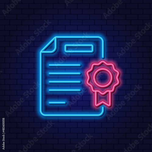 Neon element of product certification document. Product quality control, compliance with standards.