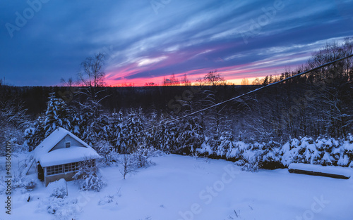 Forest cabin and trees in winter sunset. Wooden hut in the snow. forest on the evening sky background