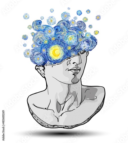 Vector hand drawn fragment of colossal head of classical sculpture with impressionist starry sky and moon exploding from the broken side isolated on white background.