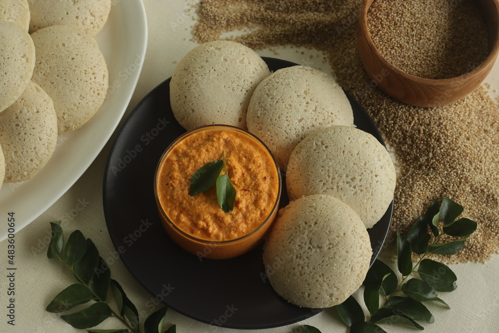 Steamed Little millet cakes or little millet idli. Made with fermented