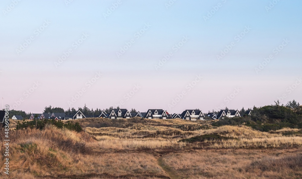 Residential houses in the dunes of Blokhus Strand beach, North Denmark Region
