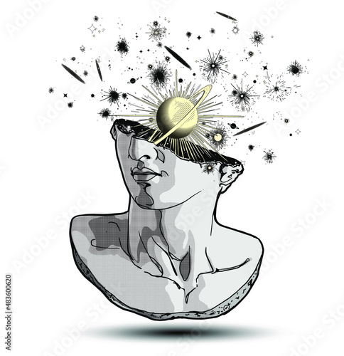 Vector hand drawn fragment of colossal head of classical sculpture with planets and galaxies exploding from the broken side isolated on white background. 