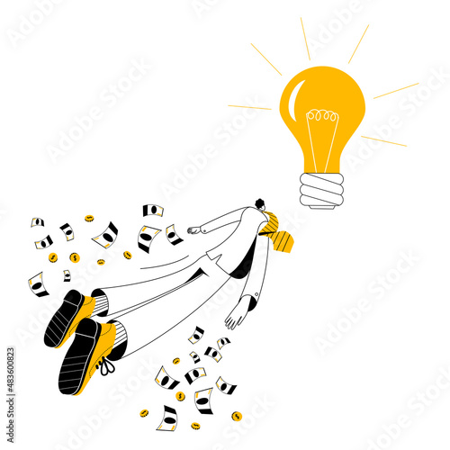 A man in a business suit flies like a butterfly to the light of a new idea. Vector illustration on the theme of a successful idea for a startup.